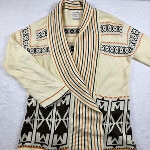 Vintage Shawl Collar Cardigan Women Large Cream Brown Geometric Excellent Boho
